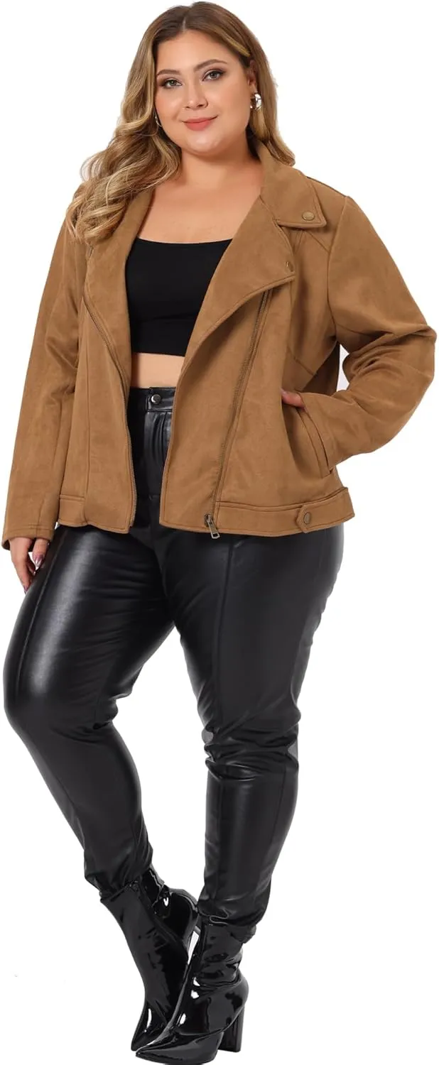 Agnes Orinda Plus Size Women Faux Suede Jacket Moto Biker Zipper Bomber Crop Coat Jacket Halloween