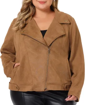 Agnes Orinda Plus Size Women Faux Suede Jacket Moto Biker Zipper Bomber Crop Coat Jacket Halloween