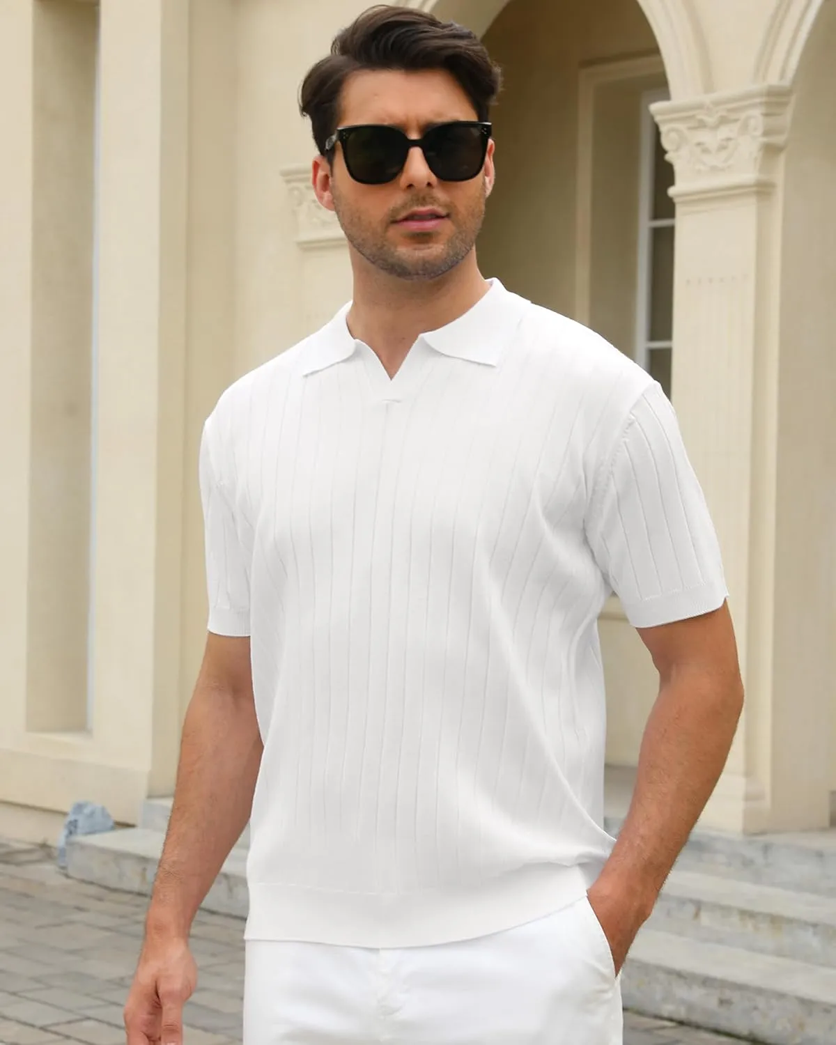 Alex Vando Mens Knit Polo Shirts Casual Short Sleeve Johnny Collar Golf Shirts