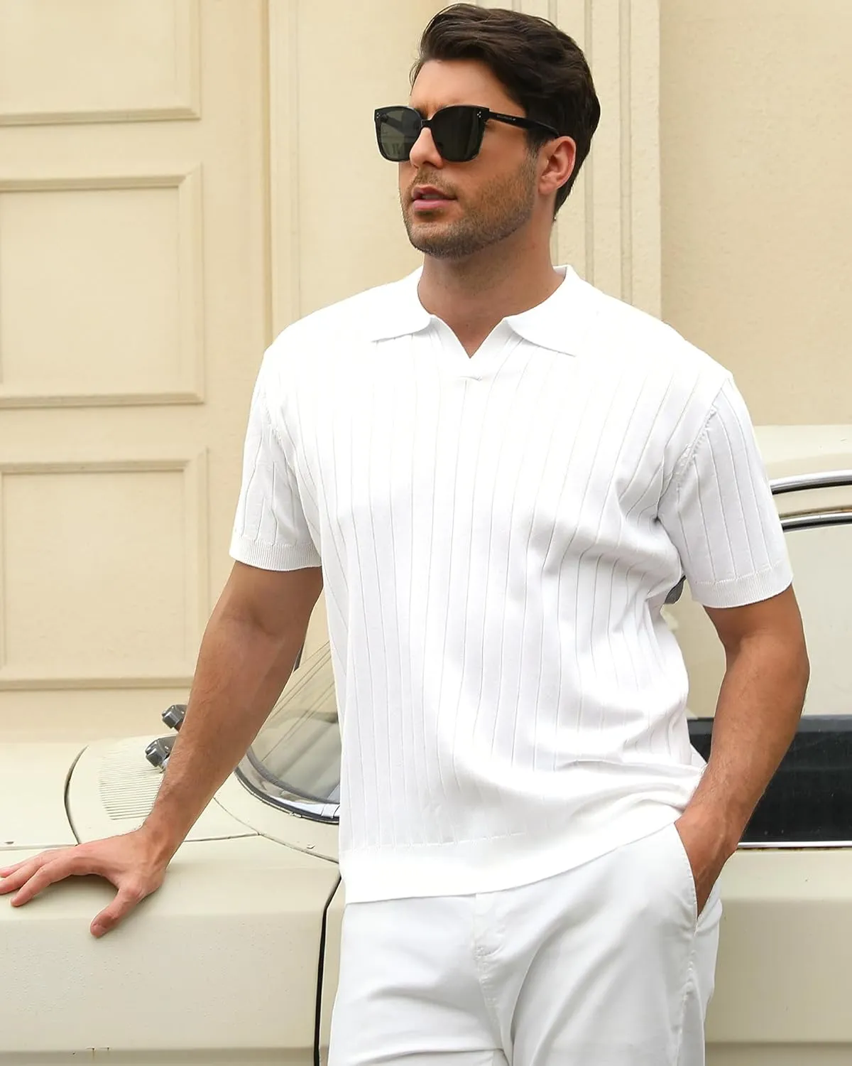 Alex Vando Mens Knit Polo Shirts Casual Short Sleeve Johnny Collar Golf Shirts