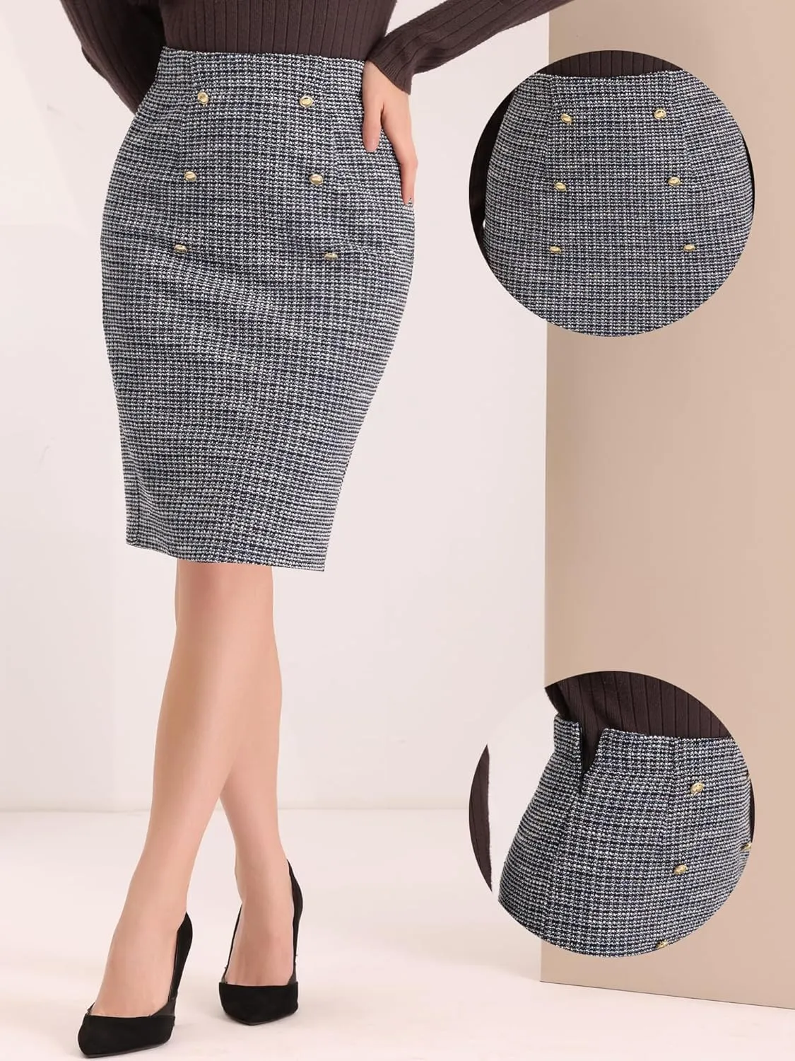 Allegra K Pencil Tweed Skirt for Women's Winter Classic Skirts
