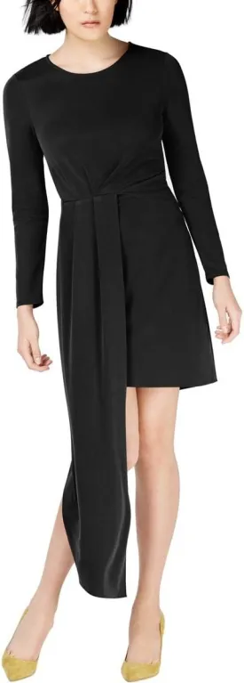 Bar III Women's Asymmetric Pleated Long Sleeve Mini Dress Black Size L