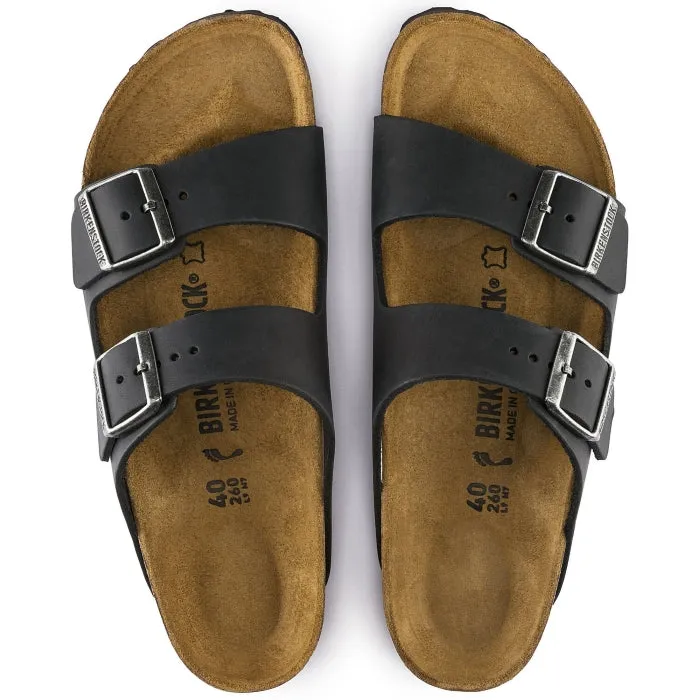 Black Arizona Birkenstock Sandals in Oiled Leather, Regular Width