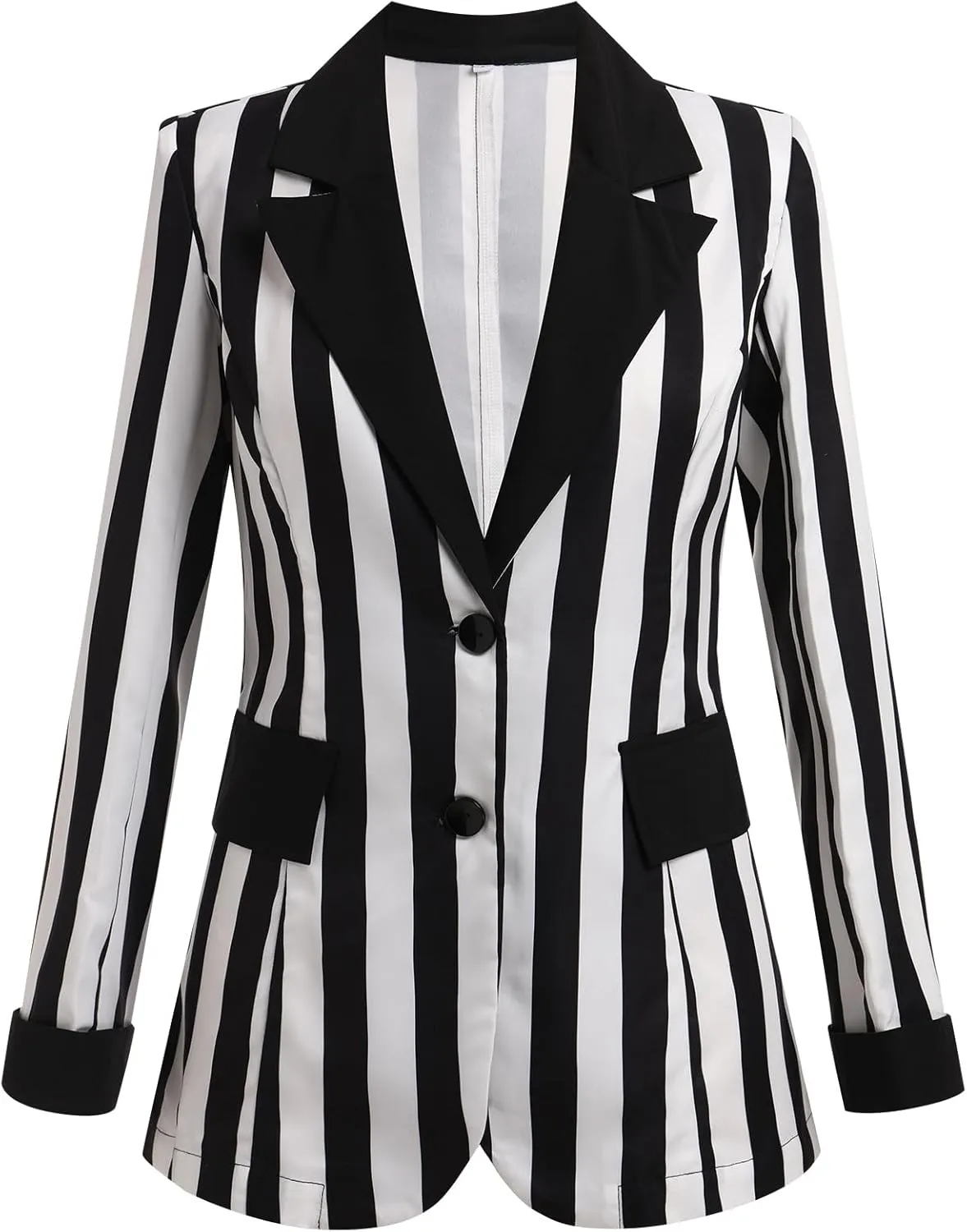 Black and White Striped Blazer for Women Long Sleeve Open Front Work Office Jacket Halloween Lapel Pockets Button Blazer Suit