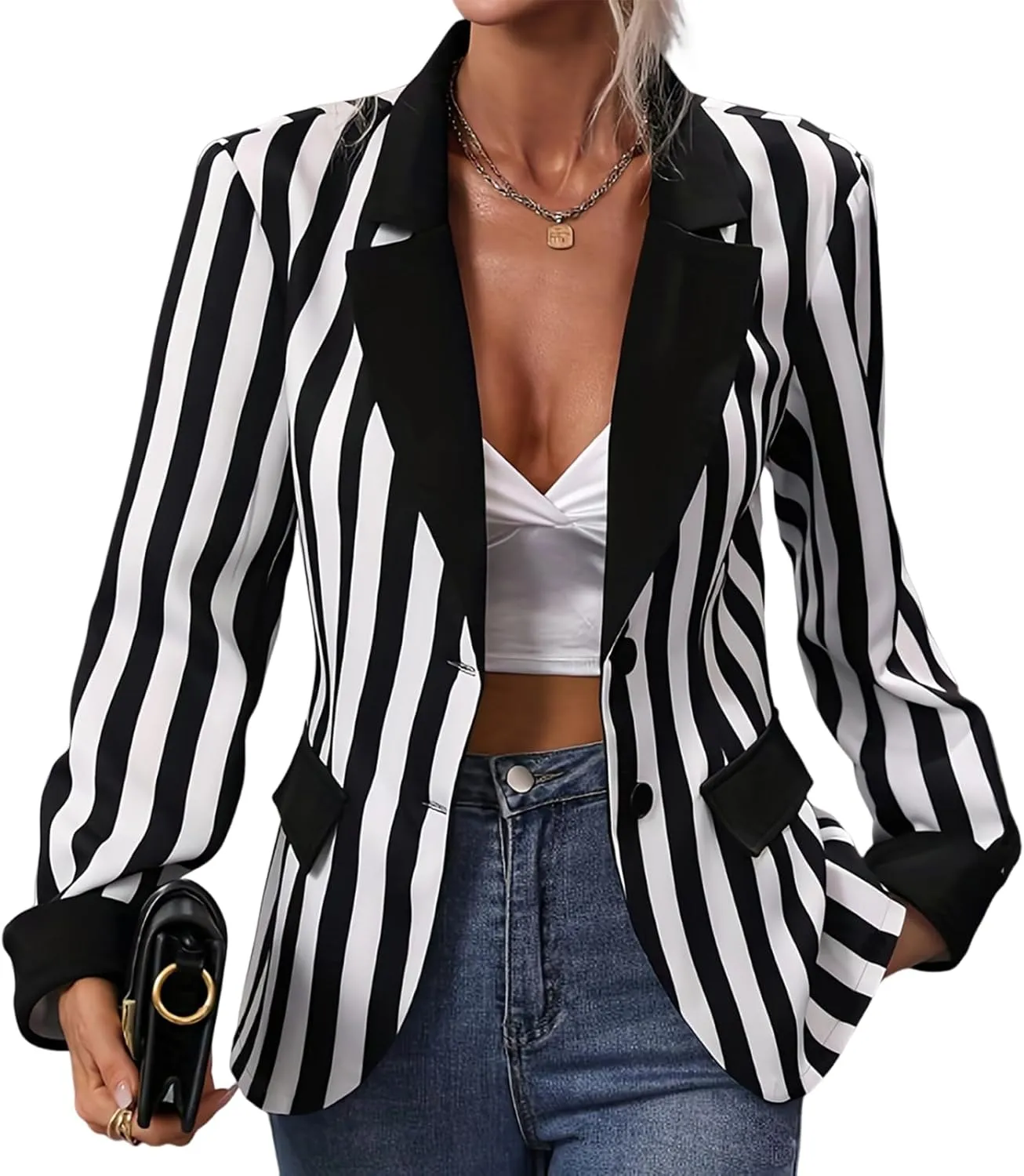 Black and White Striped Blazer for Women Long Sleeve Open Front Work Office Jacket Halloween Lapel Pockets Button Blazer Suit