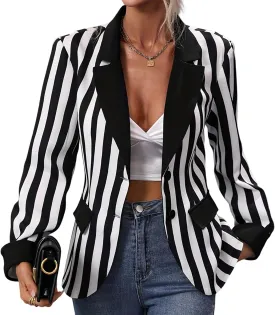 Black and White Striped Blazer for Women Long Sleeve Open Front Work Office Jacket Halloween Lapel Pockets Button Blazer Suit