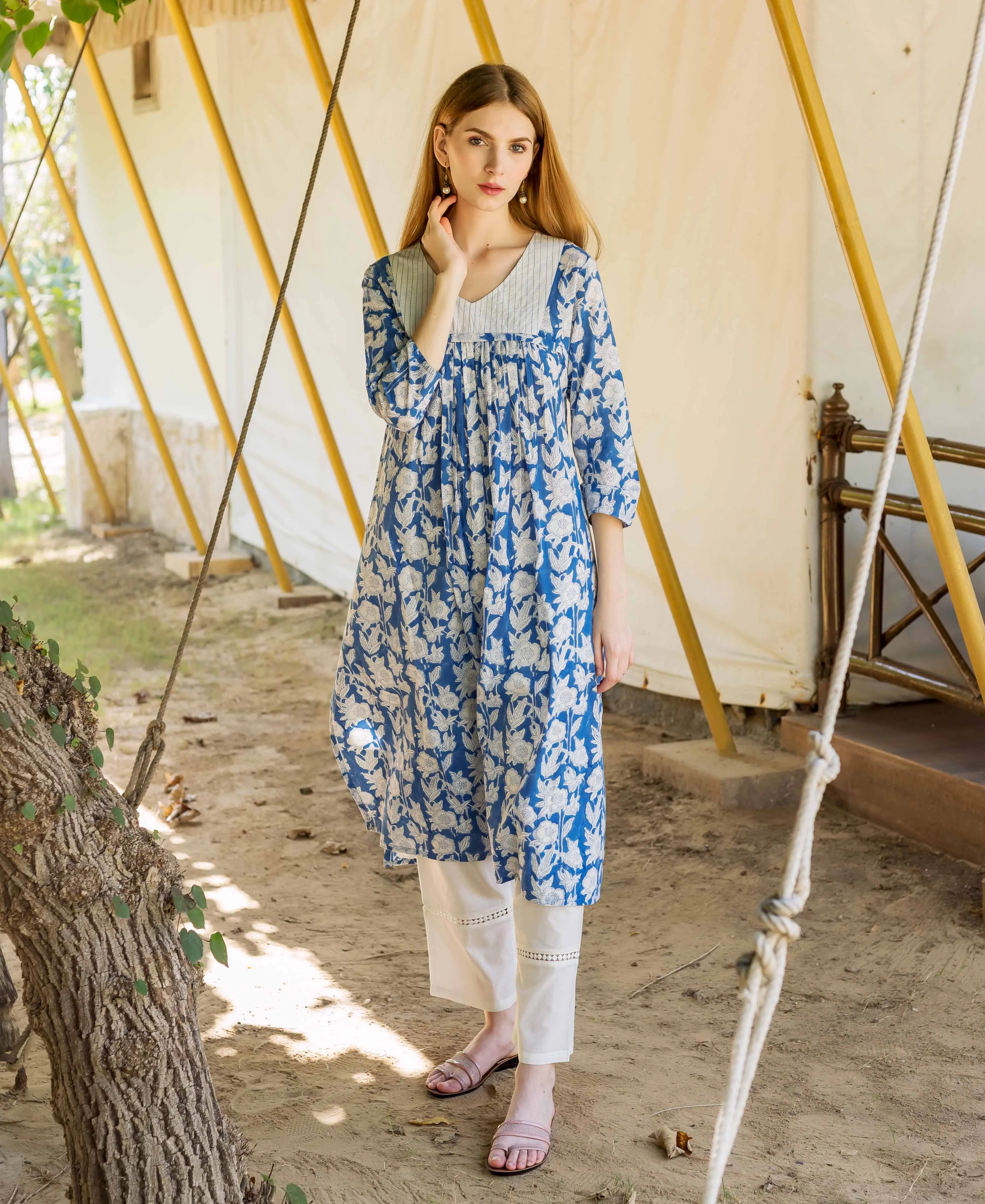 Blue Hand Block Printed Maternal and Nursing Kurta (1Pc.)