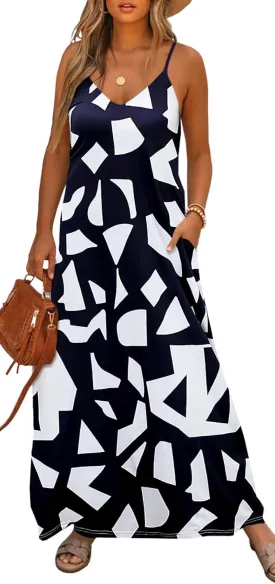 Bluetime Women Summer Spaghetti Strap Maxi Dress V-Neck Sleeveless Flowy Boho Floral Beach Long Dress with Pockets