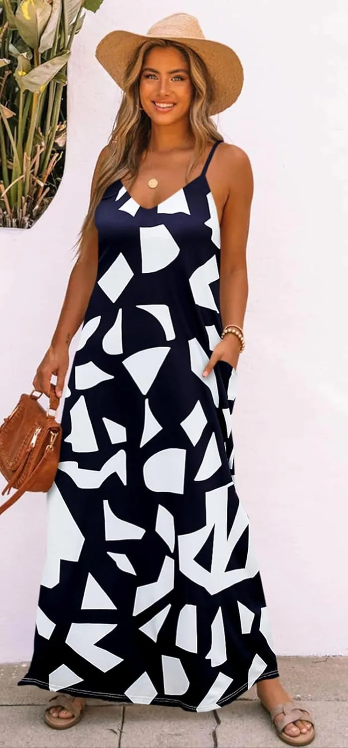 Bluetime Women Summer Spaghetti Strap Maxi Dress V-Neck Sleeveless Flowy Boho Floral Beach Long Dress with Pockets
