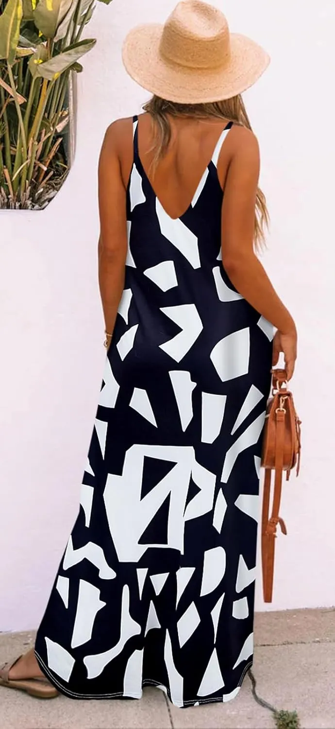 Bluetime Women Summer Spaghetti Strap Maxi Dress V-Neck Sleeveless Flowy Boho Floral Beach Long Dress with Pockets