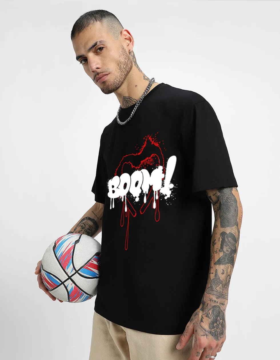 Boom Black Oversized  Chest Typographic Printed Tshirt