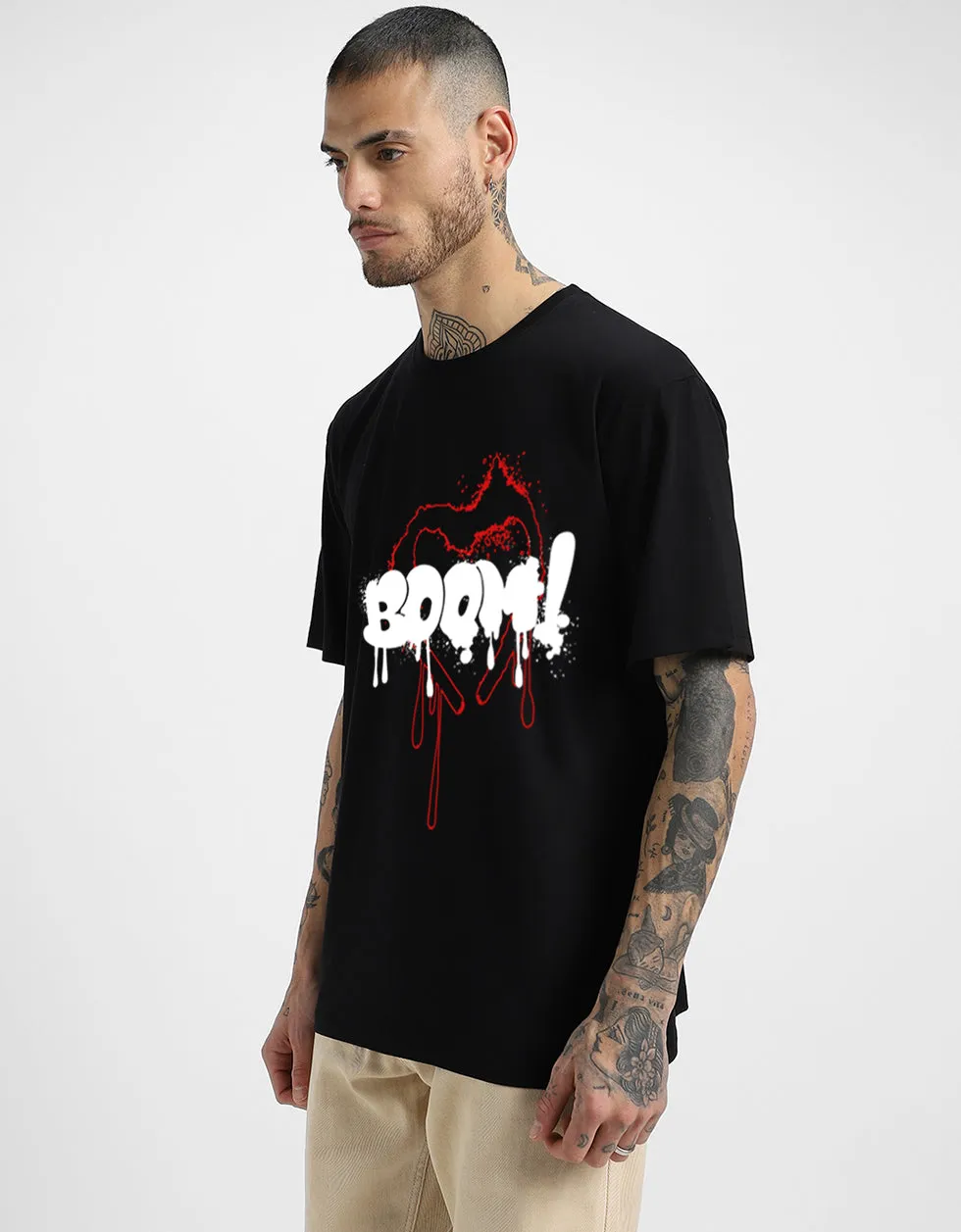 Boom Black Oversized  Chest Typographic Printed Tshirt