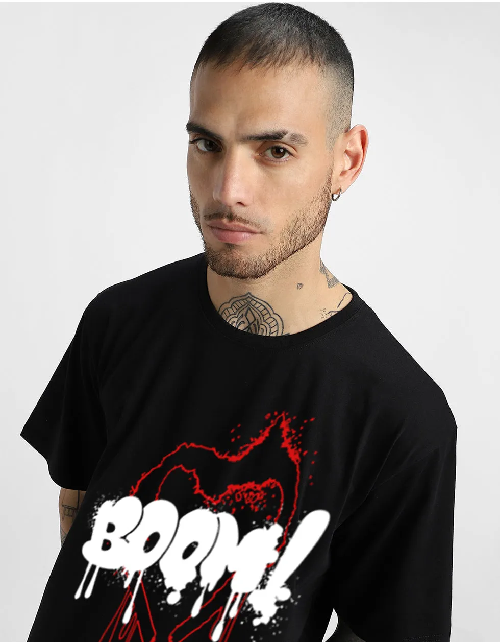 Boom Black Oversized  Chest Typographic Printed Tshirt