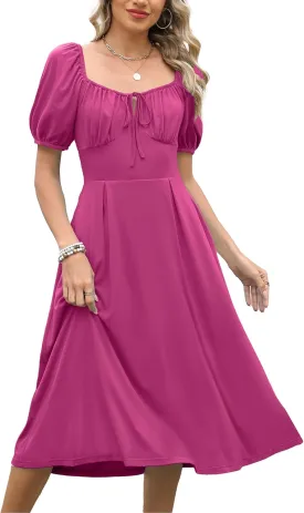 Caracilia Women Summer Boho Midi Dresses Puff Sleeve Square Neck Floral Bridal Shower Wedding Guest Flowy Sundress