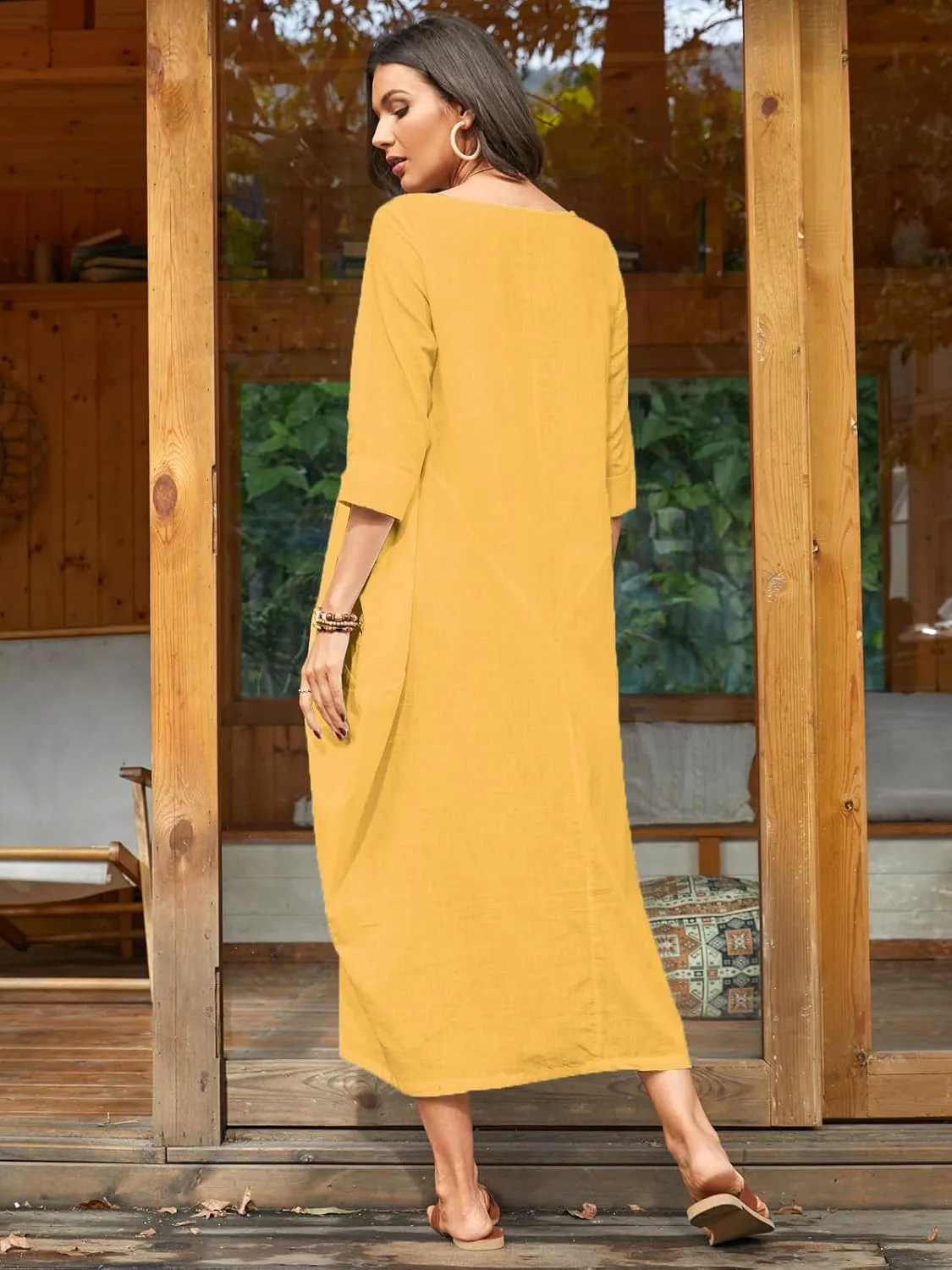 Celmia Autumn Solid Loose Long Maxi Dress Cotton Caftan