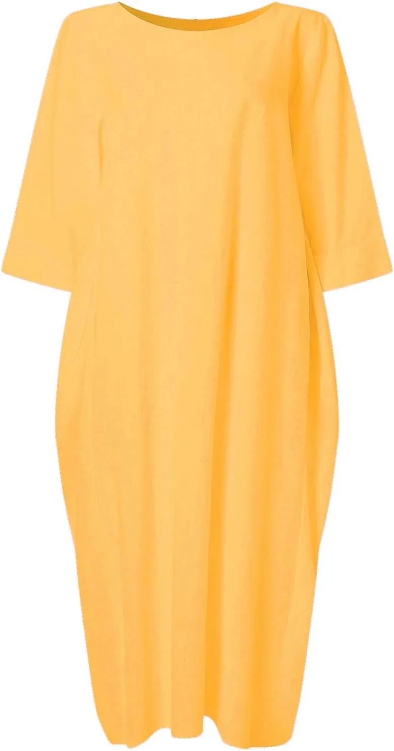 Celmia Autumn Solid Loose Long Maxi Dress Cotton Caftan