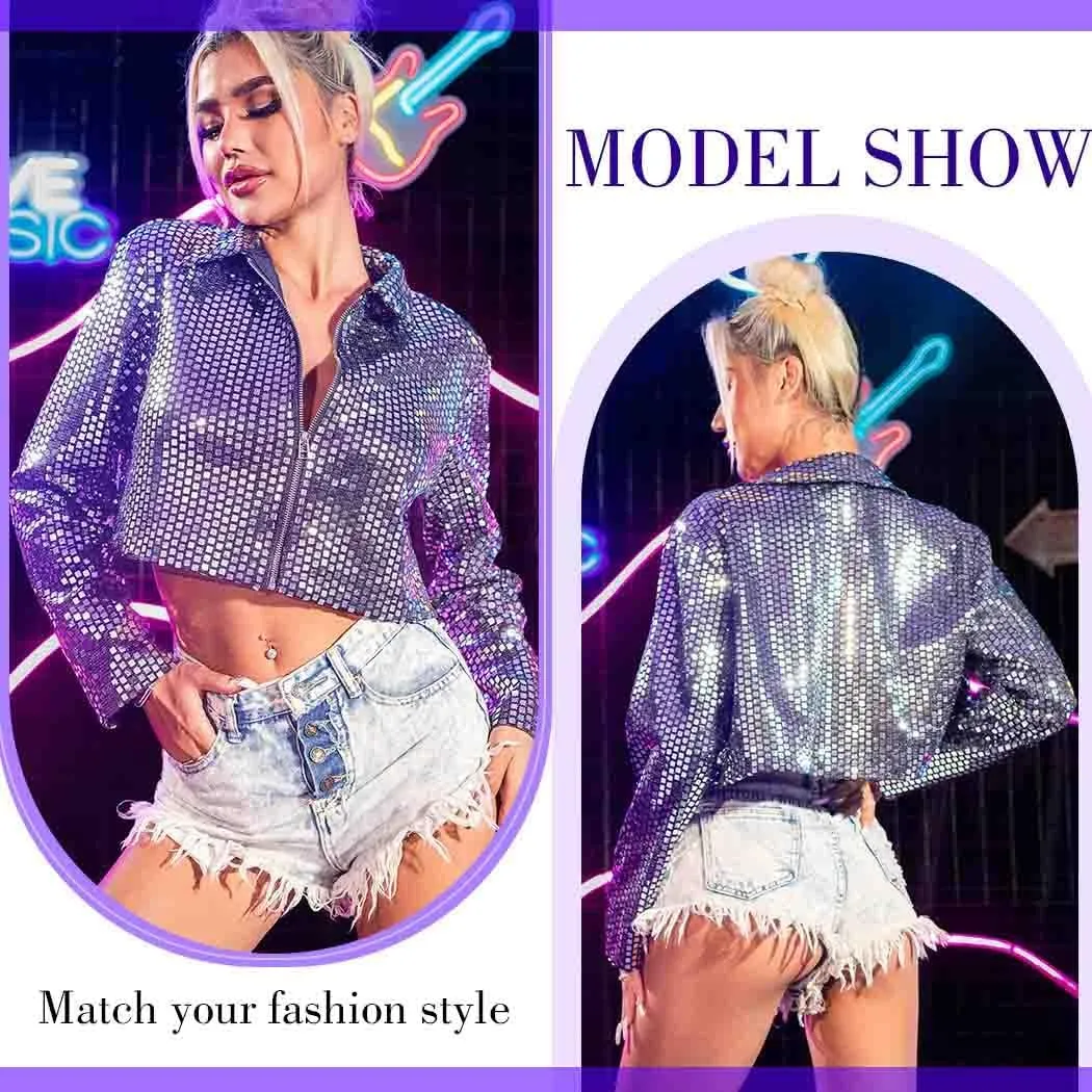 EVILD Womens Sequin Jacket Sparkly Blazer Jackets Glitter Disco Costume Outfits