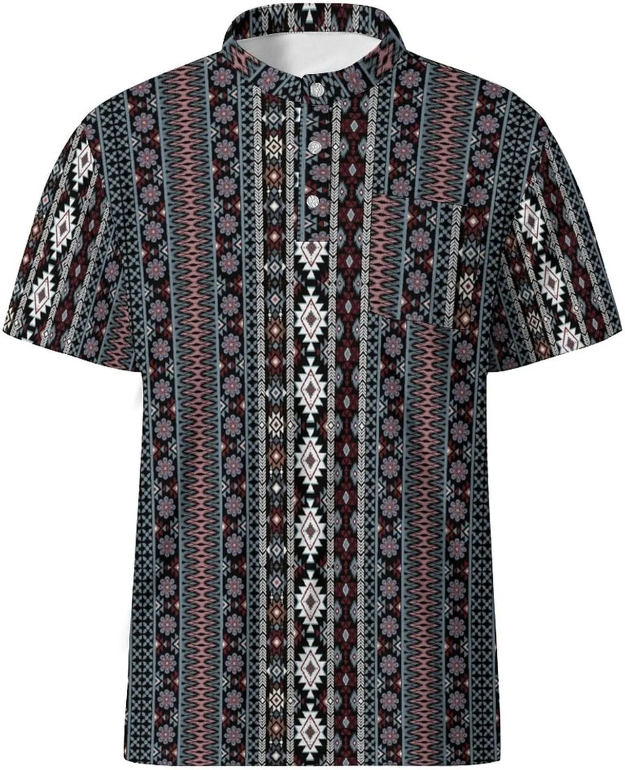 Golf Shirts for Men Printed Henley Shirts Collarless Golf Polo Shirt Short Sleeve with Pocket