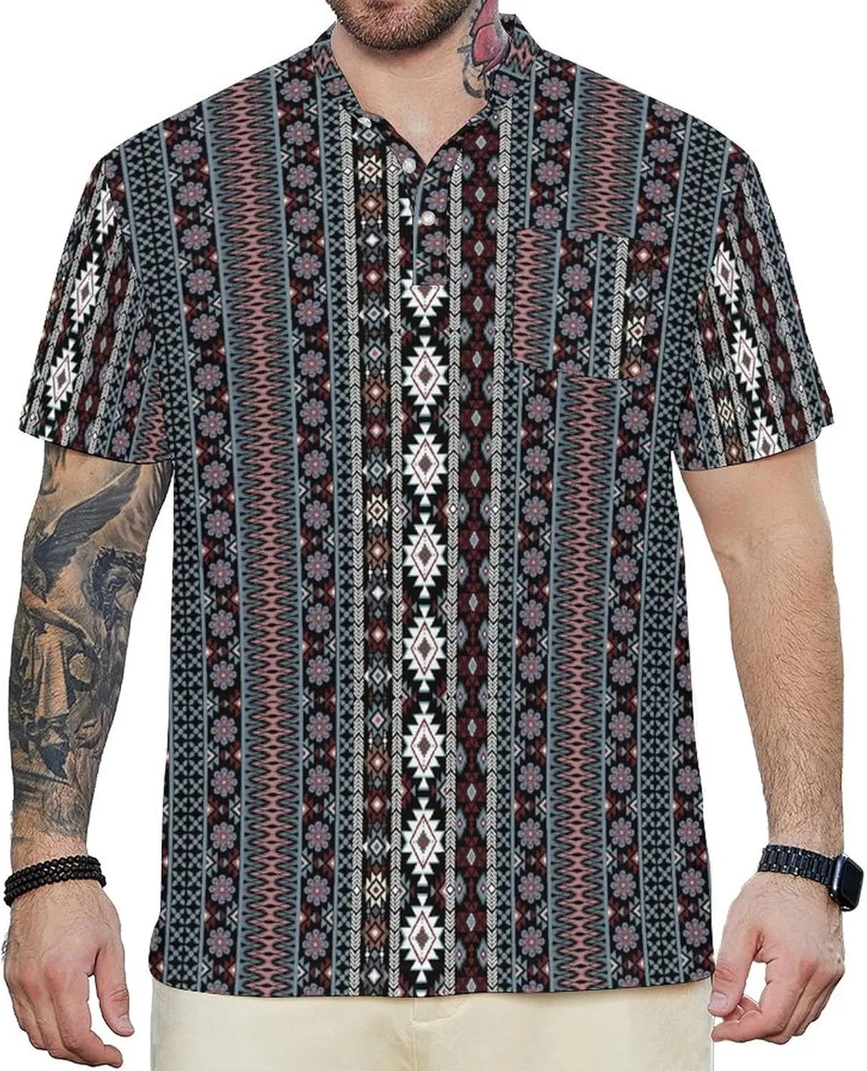 Golf Shirts for Men Printed Henley Shirts Collarless Golf Polo Shirt Short Sleeve with Pocket