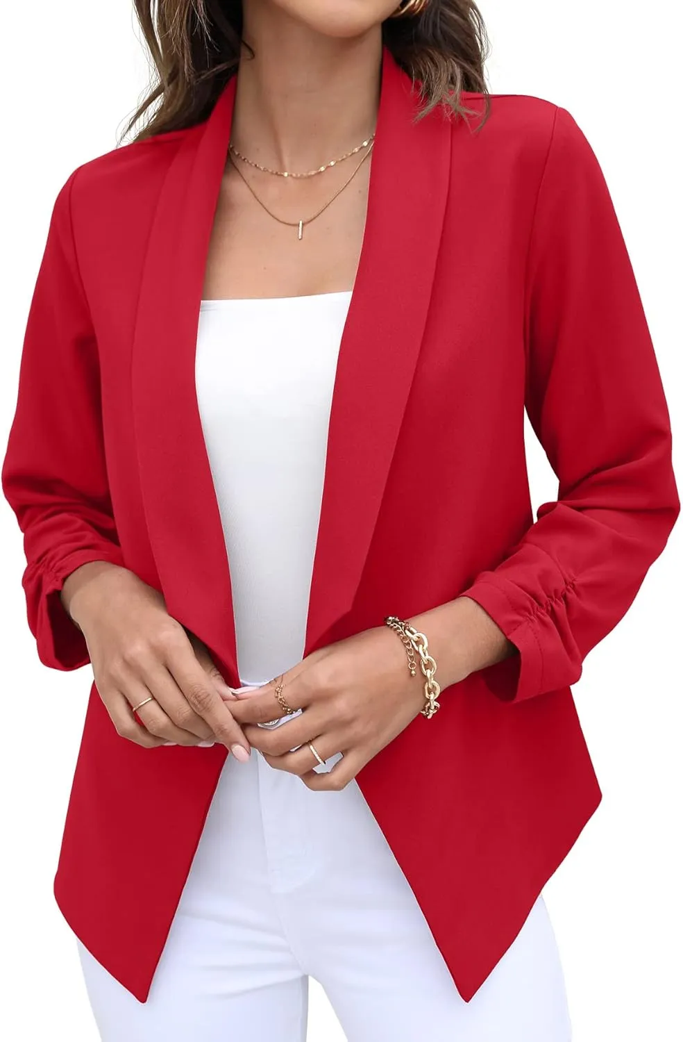 GRECERELLE Women's Blazer Suit Open Front Cardigan 3/4 Sleeve Fitted Jacket Casual Office Cropped Blazer
