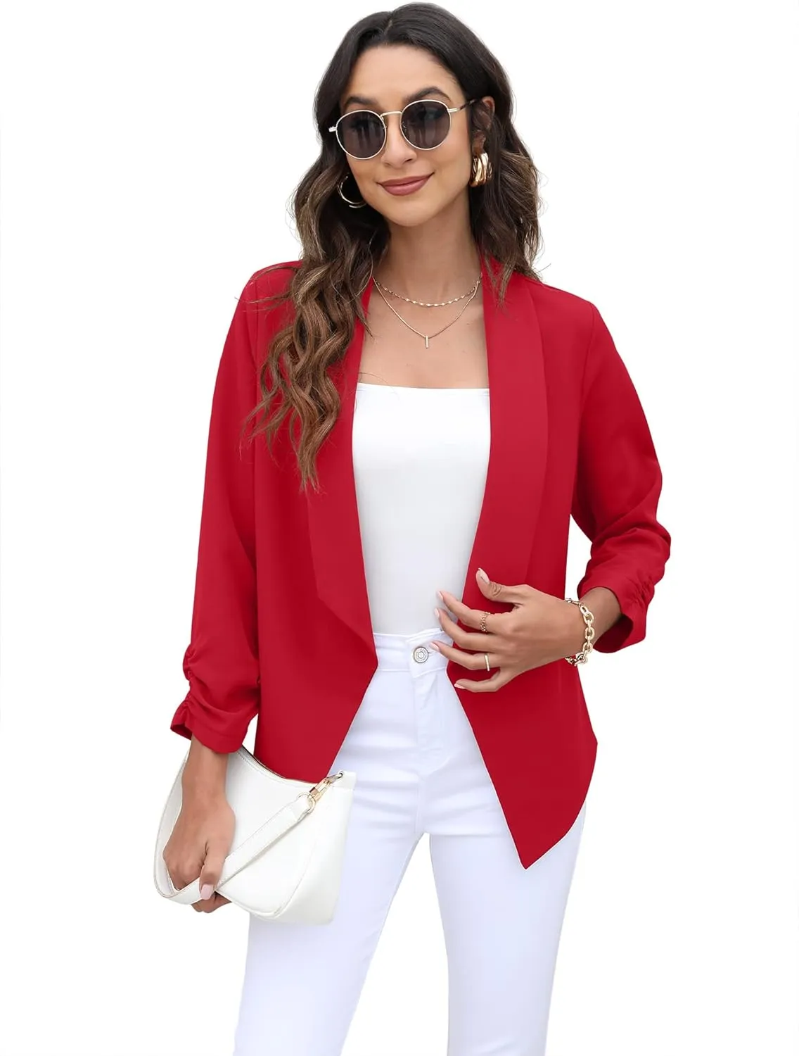 GRECERELLE Women's Blazer Suit Open Front Cardigan 3/4 Sleeve Fitted Jacket Casual Office Cropped Blazer