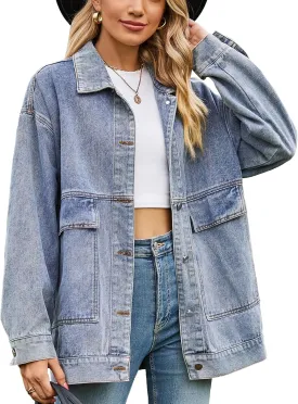 HangNiFang Aztec Denim Jacket Shacket for Women Button Down Vintage Distressed Blue Jean Jacket