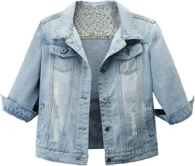 Hixiaohe Women Autumn 3/4 Sleeve Retro Short Denim Jackets Light Blue Jean Coats
