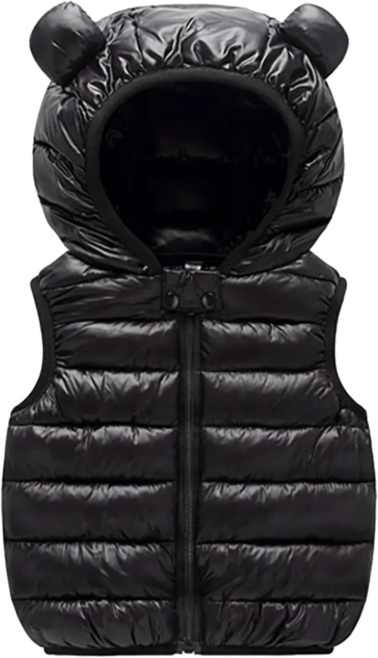 Kids Boys Girls Winter Warm Down Padded Vest Hooded Zipper Sleeveless Jacket aistcoat Outwear (Black, 12-18 Months)