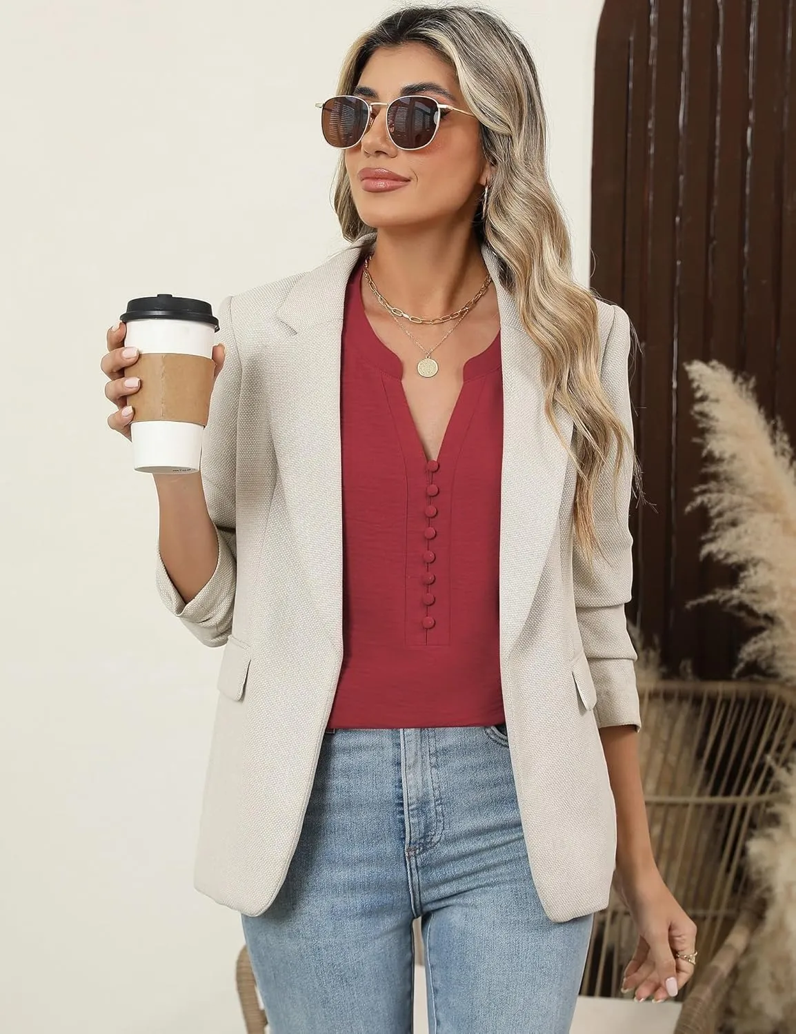 LOMON V-Neck 8-Button Dressy Blouses Polyester Woven Flowy Shirts Ruffle 3/4 Sleeve Tops Work Business Casual Tops S-XXL