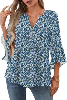 LOMON V-Neck 8-Button Dressy Blouses Polyester Woven Flowy Shirts Ruffle 3/4 Sleeve Tops Work Business Casual Tops S-XXL