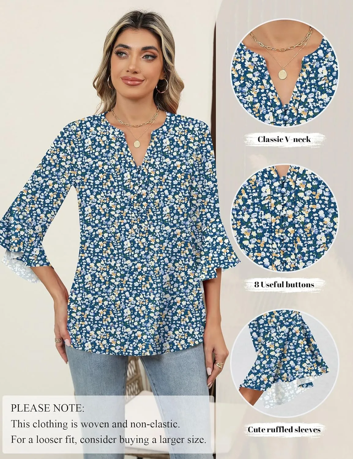 LOMON V-Neck 8-Button Dressy Blouses Polyester Woven Flowy Shirts Ruffle 3/4 Sleeve Tops Work Business Casual Tops S-XXL