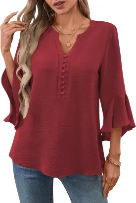 LOMON V-Neck 8-Button Dressy Blouses Polyester Woven Flowy Shirts Ruffle 3/4 Sleeve Tops Work Business Casual Tops S-XXL