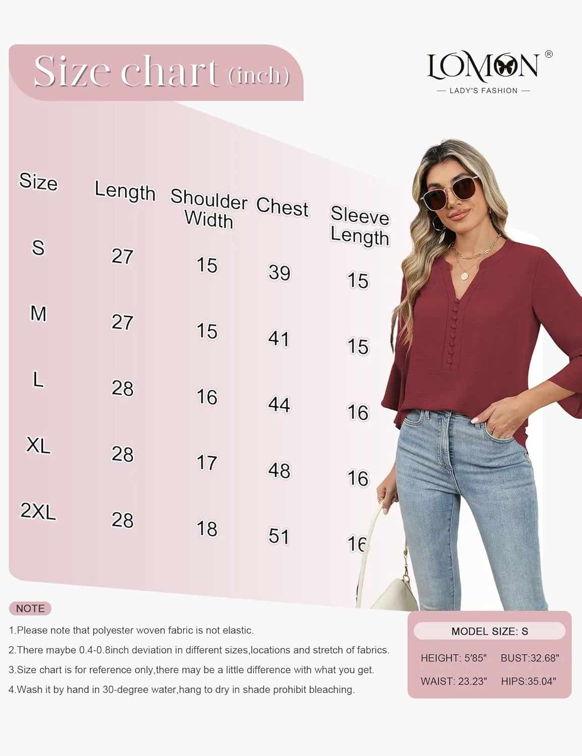 LOMON V-Neck 8-Button Dressy Blouses Polyester Woven Flowy Shirts Ruffle 3/4 Sleeve Tops Work Business Casual Tops S-XXL