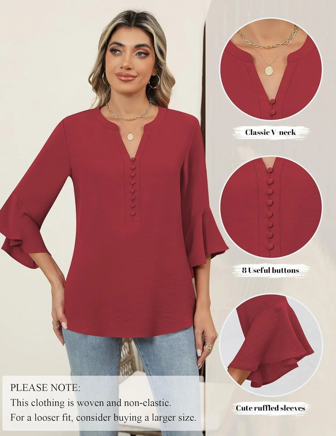 LOMON V-Neck 8-Button Dressy Blouses Polyester Woven Flowy Shirts Ruffle 3/4 Sleeve Tops Work Business Casual Tops S-XXL