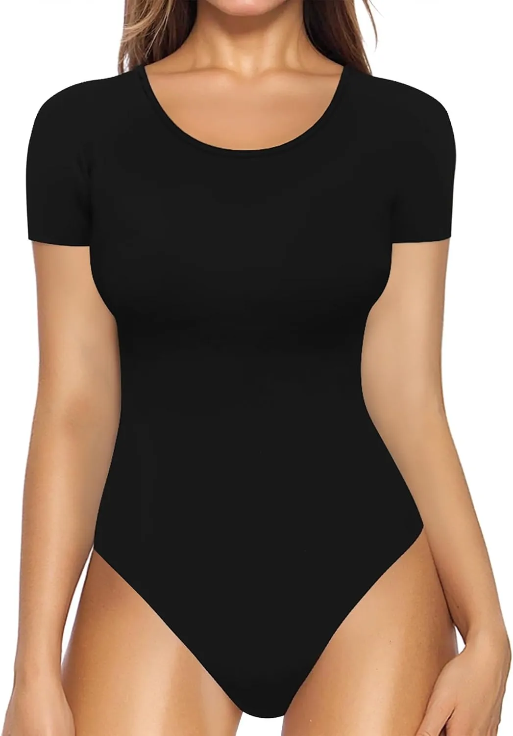 MANGOPOP Round Neck Short Sleeve Long Sleeve Bodysuits for Women Basic Body Suit Shirts Tops
