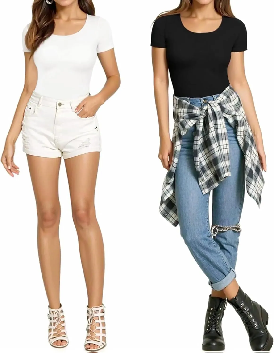 MANGOPOP Round Neck Short Sleeve Long Sleeve Bodysuits for Women Basic Body Suit Shirts Tops