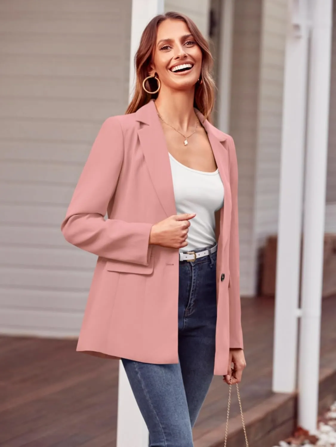 MASCOMODA Casual Blazer Jackets for Women 2024 Fall Long Sleeve Open Front Button Work Office Suit Jacket with Pockets