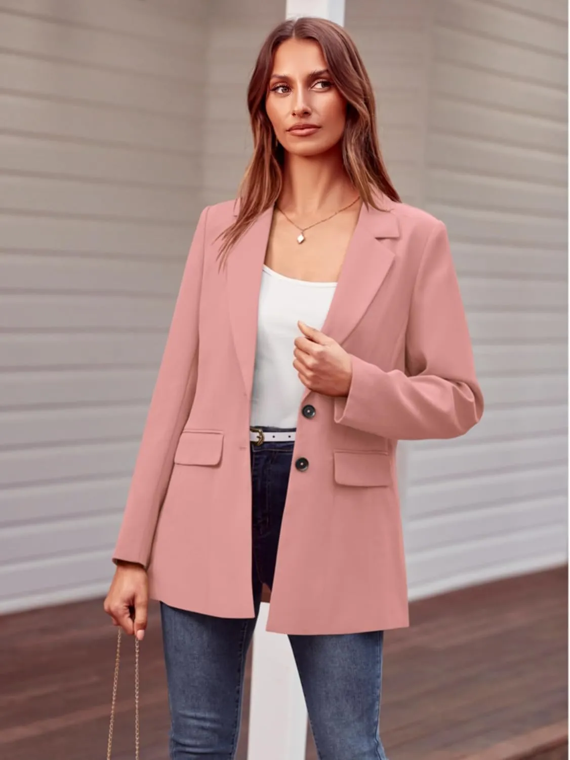 MASCOMODA Casual Blazer Jackets for Women 2024 Fall Long Sleeve Open Front Button Work Office Suit Jacket with Pockets