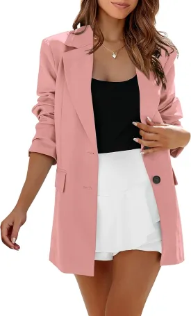 MASCOMODA Casual Blazer Jackets for Women 2024 Fall Long Sleeve Open Front Button Work Office Suit Jacket with Pockets