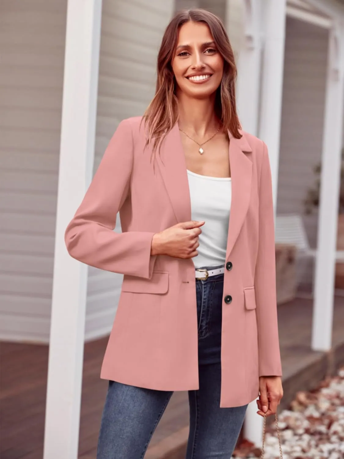 MASCOMODA Casual Blazer Jackets for Women 2024 Fall Long Sleeve Open Front Button Work Office Suit Jacket with Pockets