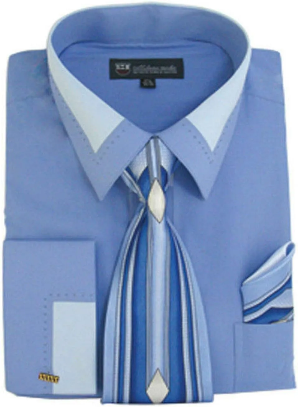 Men's Fashion Dress Shirt With Contrast Design Tie Hankie & Cuffs