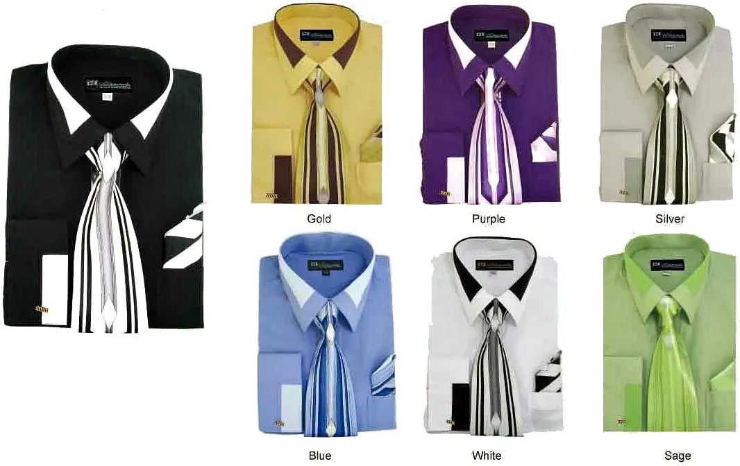 Men's Fashion Dress Shirt With Contrast Design Tie Hankie & Cuffs