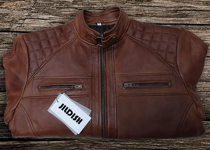 Mens Genuine Leather Biker Jacket Black | Vintage Brown Distressed Lambskin Motorcycle Jackets for Men