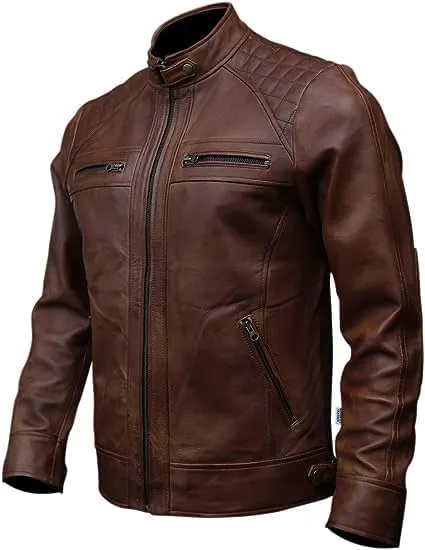 Mens Genuine Leather Biker Jacket Black | Vintage Brown Distressed Lambskin Motorcycle Jackets for Men