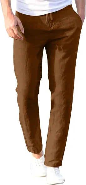 Men's Linen Pants Elastic Waist Drawstring Straight Leg Loose Fit Yoga Pants Lightweight Summer Beach Trousers with Pockets