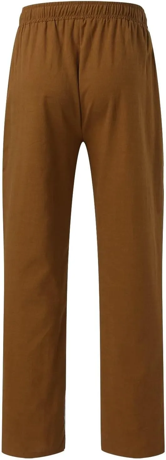 Men's Linen Pants Elastic Waist Drawstring Straight Leg Loose Fit Yoga Pants Lightweight Summer Beach Trousers with Pockets