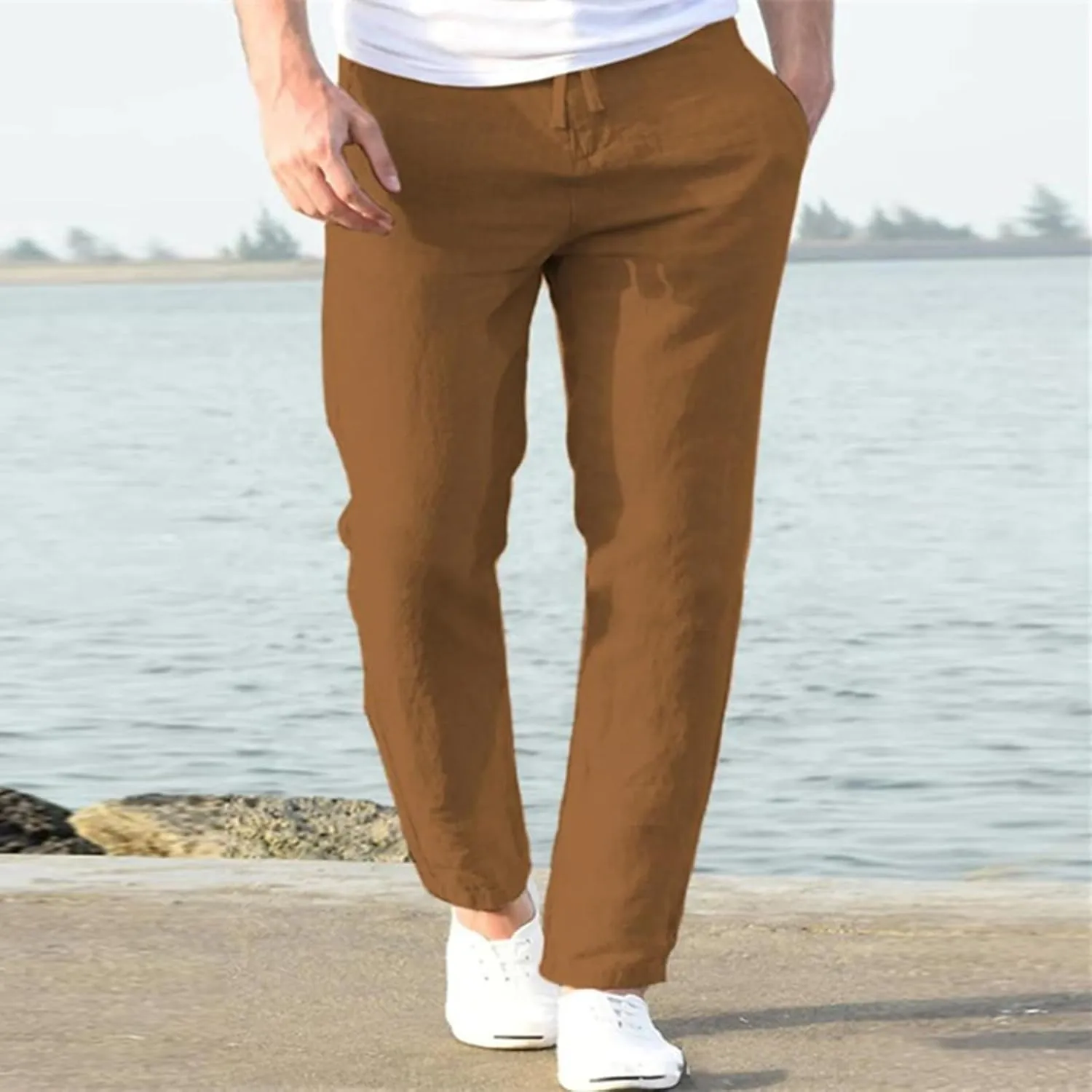 Men's Linen Pants Elastic Waist Drawstring Straight Leg Loose Fit Yoga Pants Lightweight Summer Beach Trousers with Pockets