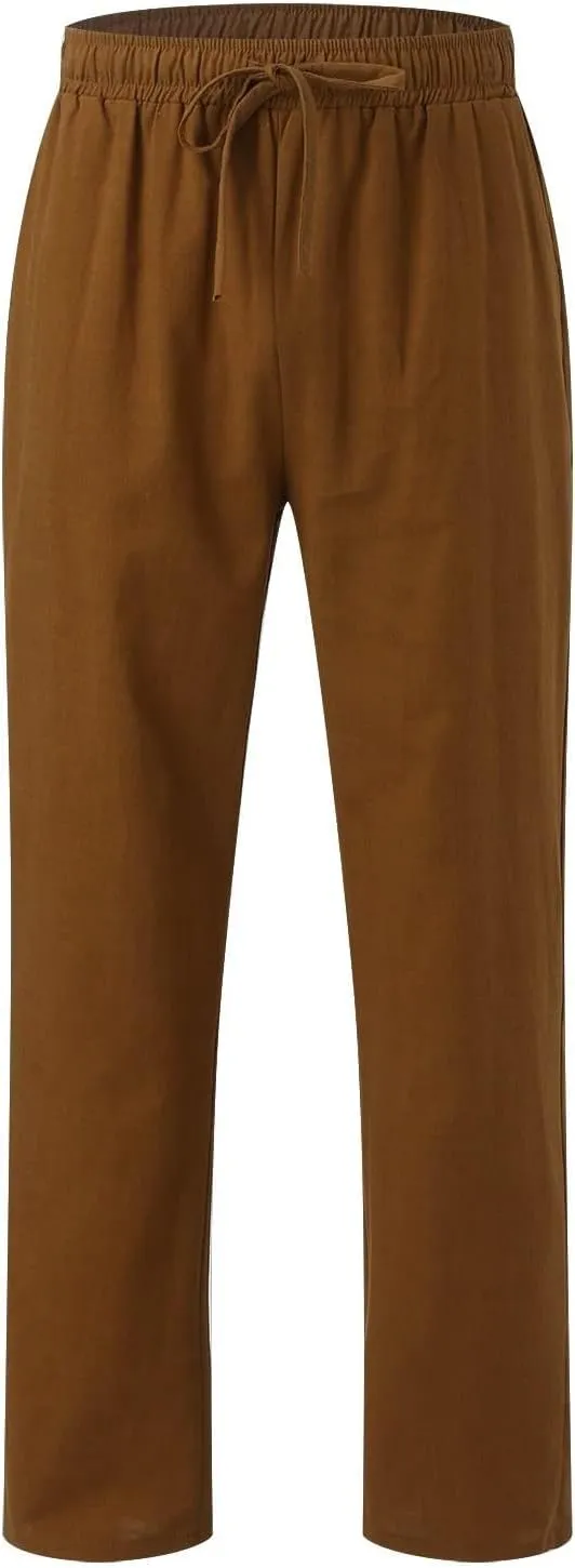 Men's Linen Pants Elastic Waist Drawstring Straight Leg Loose Fit Yoga Pants Lightweight Summer Beach Trousers with Pockets