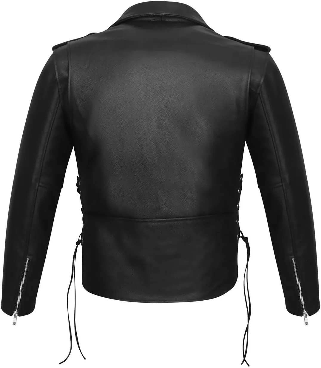 Men's Premium Classic Police Style Motorcycle Black Leather Jacket, Side Laces, & Removeable Thermal Liner