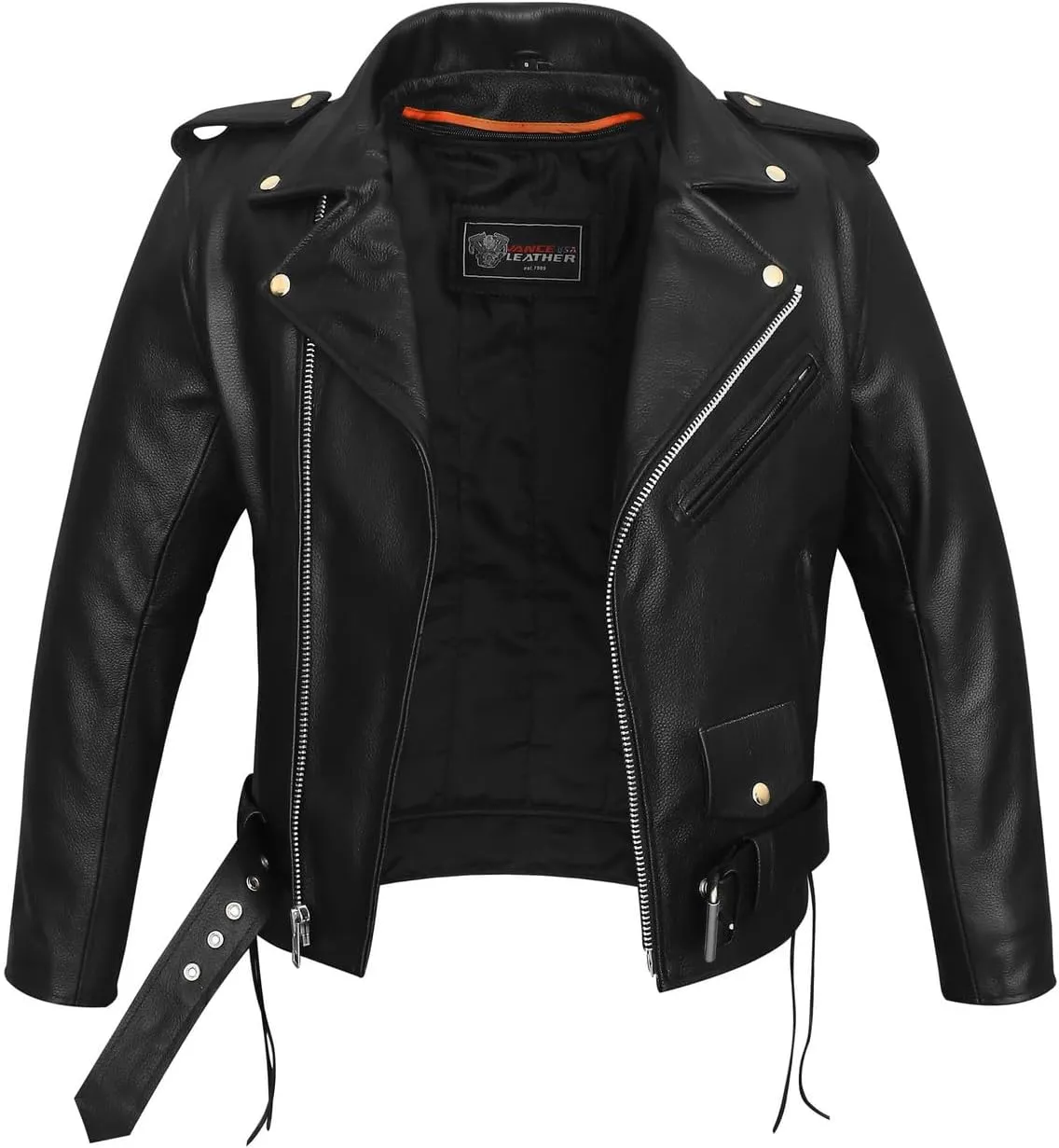 Men's Premium Classic Police Style Motorcycle Black Leather Jacket, Side Laces, & Removeable Thermal Liner